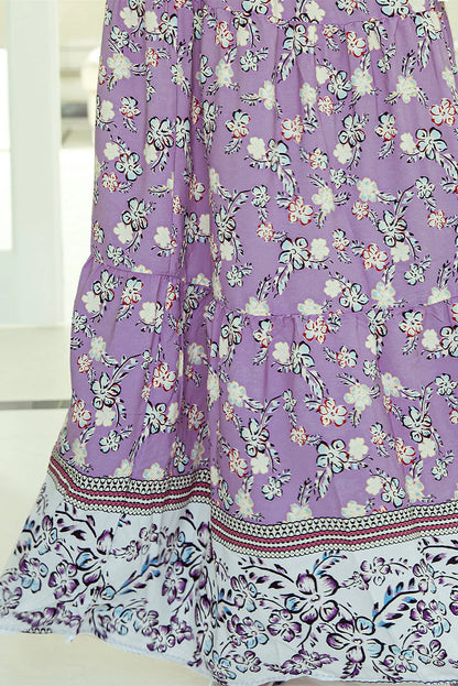 Purple Floral Print Shirred High Waist Maxi Skirt - Chic Meadow Boutique 