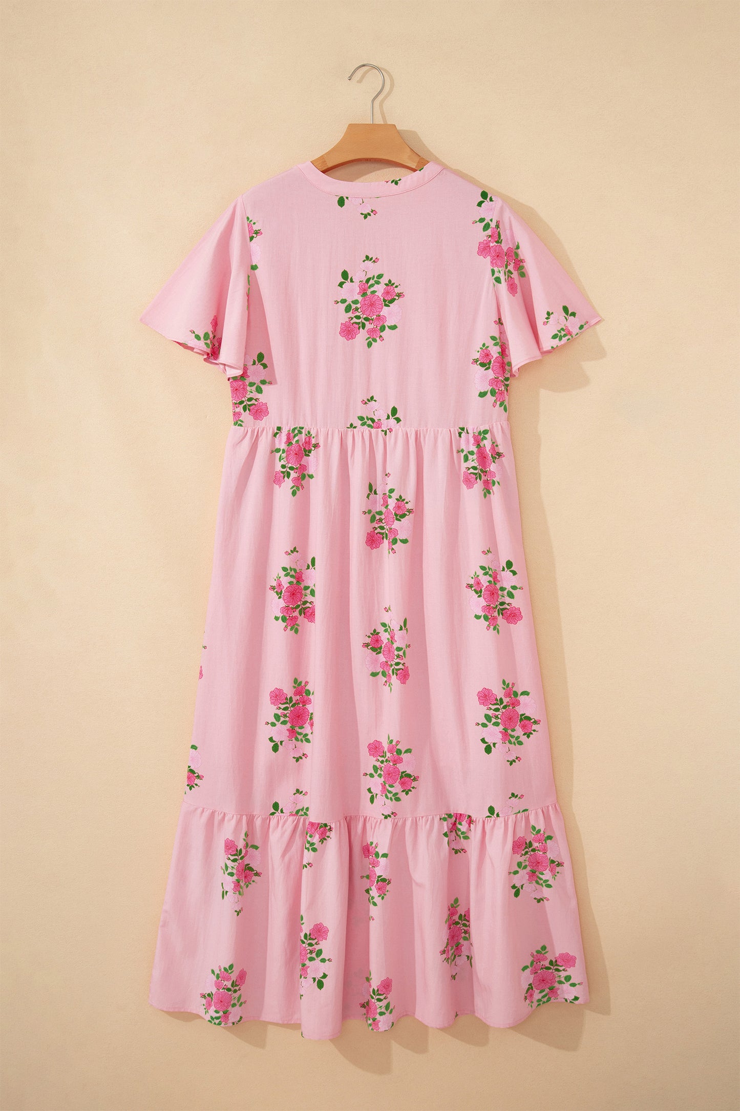 Pink Notched Neck Flutter Short Sleeve Floral Print Maxi Dress