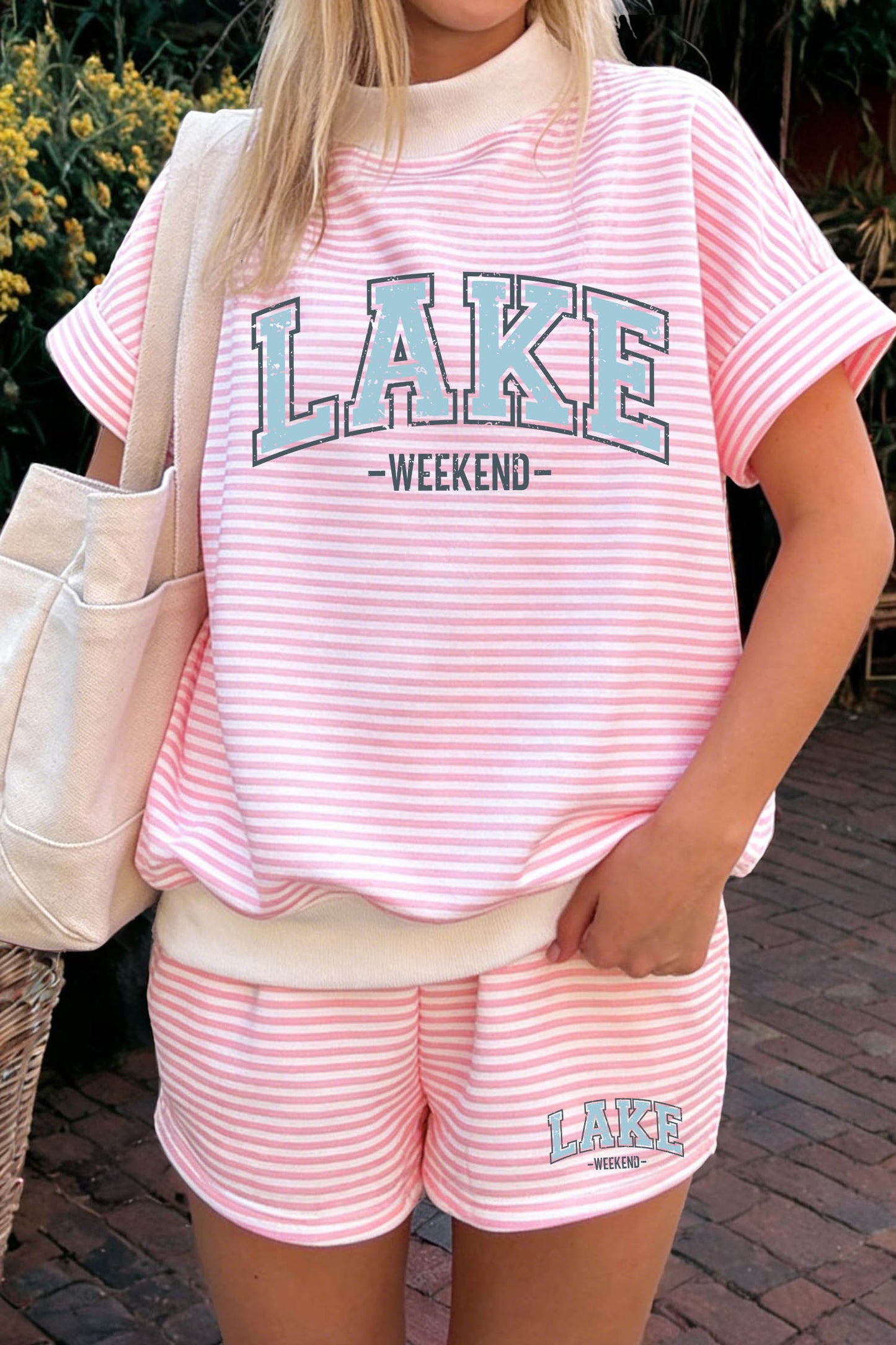 Pink Stripe Contrast Trim High Neck Short Sleeve LAKE WEEKEND 2pcs Short Set