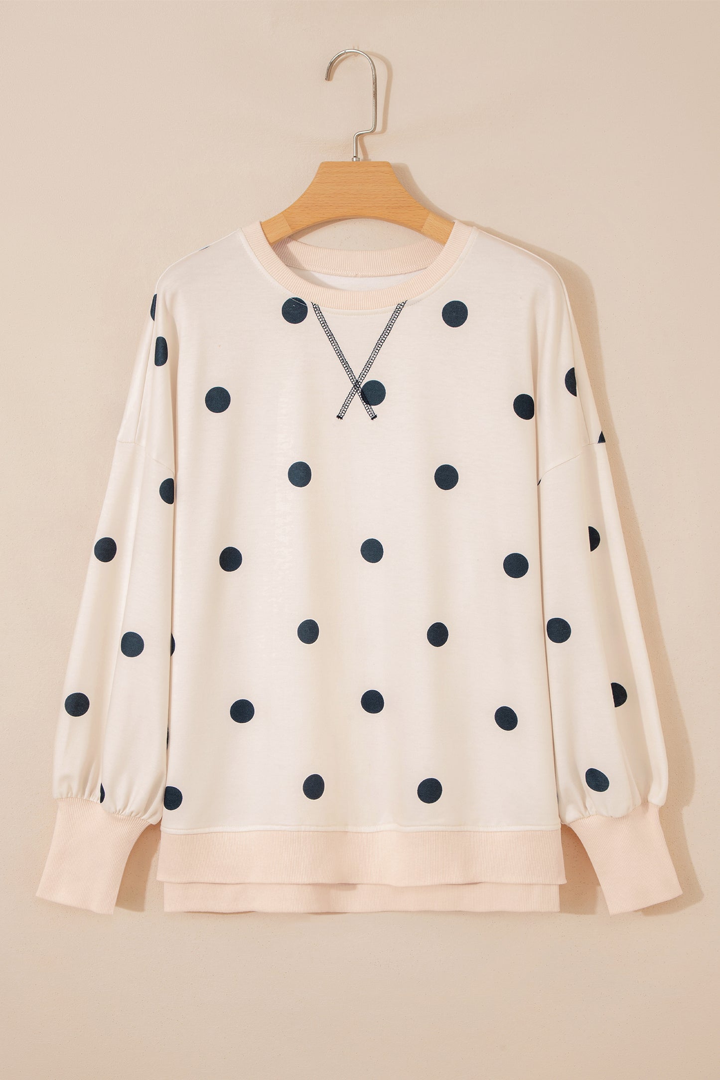 Beige Loose-fit Long Sleeve Round Neck Polka Dot Tunic Sweatshirt