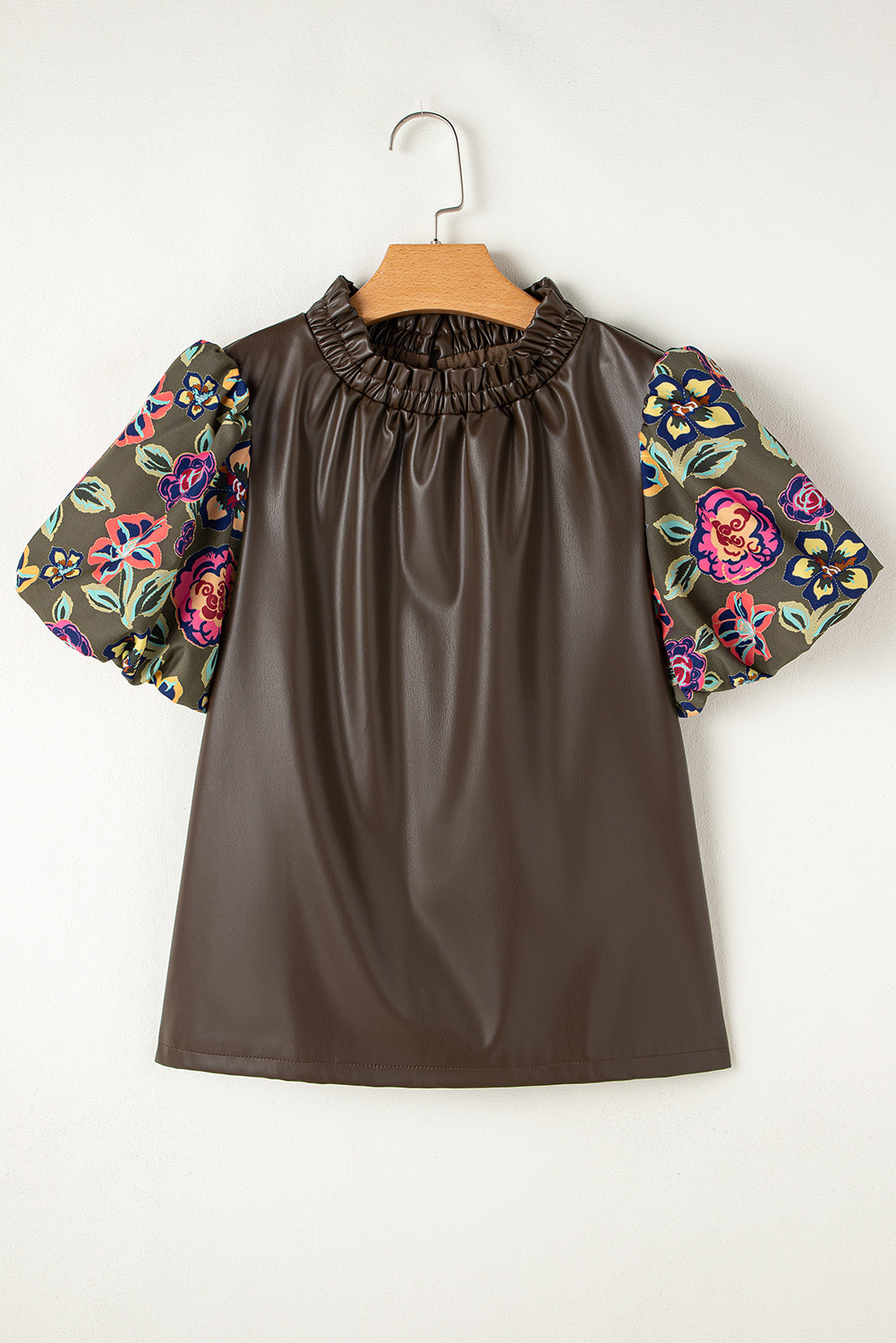 Floral Bubble Sleeve Patchwork Leatherette Frilled Round Neck Blouse