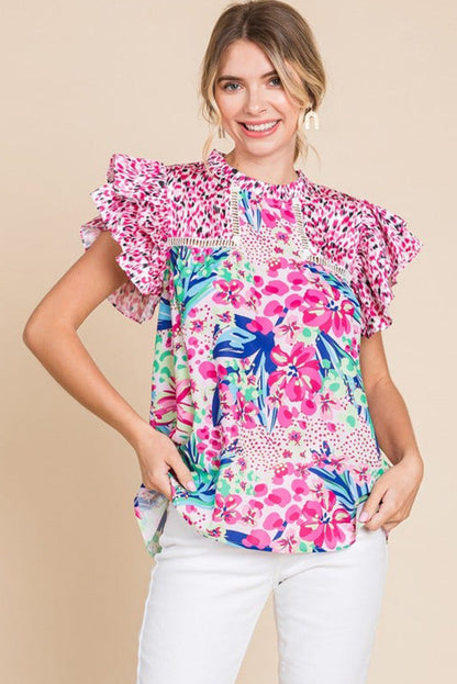 Pink Floral Mixed Print Ruffle Cap Sleeve Blouse