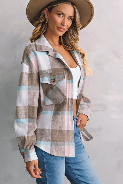 Pale Khaki Plaid Big Flap Pocket Amber Button Shacket - Chic Meadow Boutique 