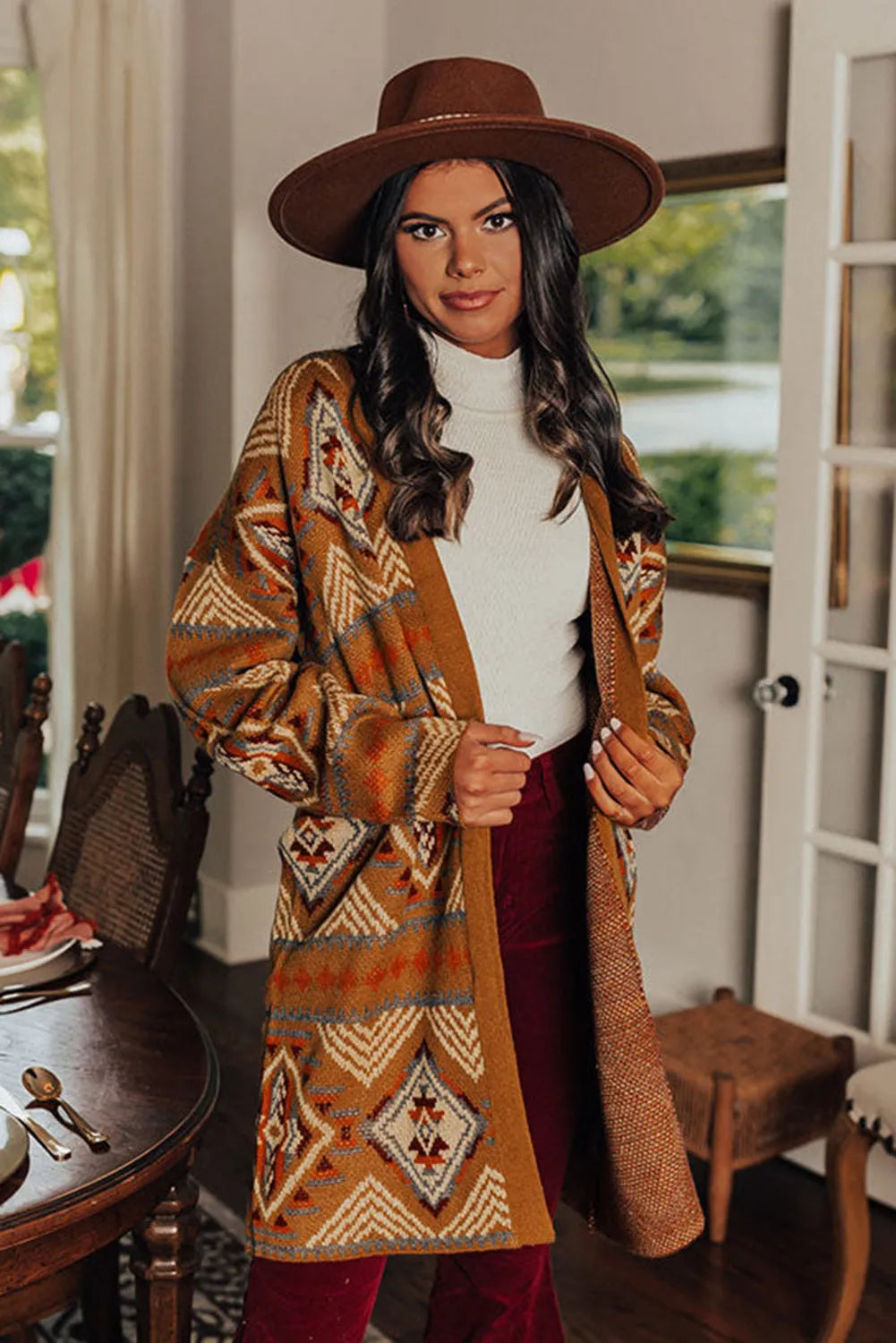 Brown Aztec Geometric Knit Open Front Cardigan - Chic Meadow Boutique 