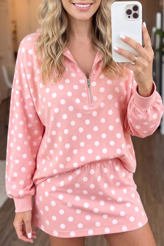 Pink Polka Dot Hooded Long Sleeve Top Casual Mini Skort Set