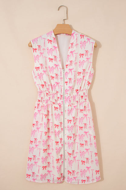 Pink Full Zip Cinched Waist Sleeveless Bow Mini Dress