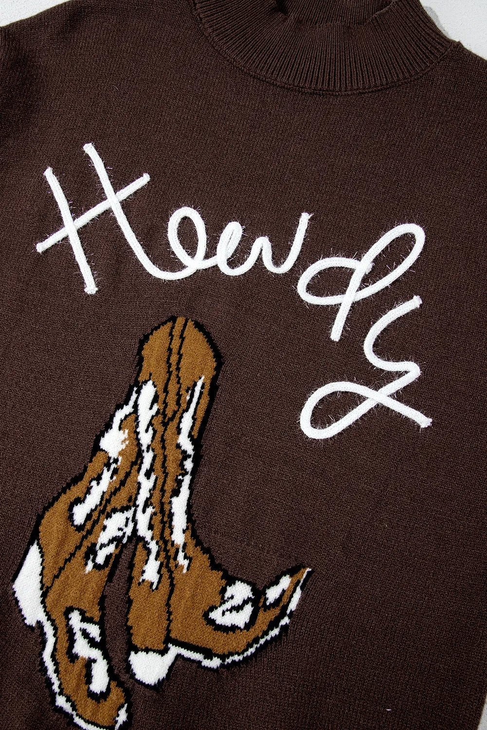 Coffee Western Howdy Boot Graphic High Neck Sweater - Chic Meadow Boutique 