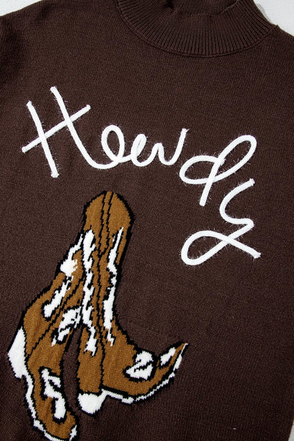 Coffee Western Howdy Boot Graphic High Neck Sweater - Chic Meadow Boutique 