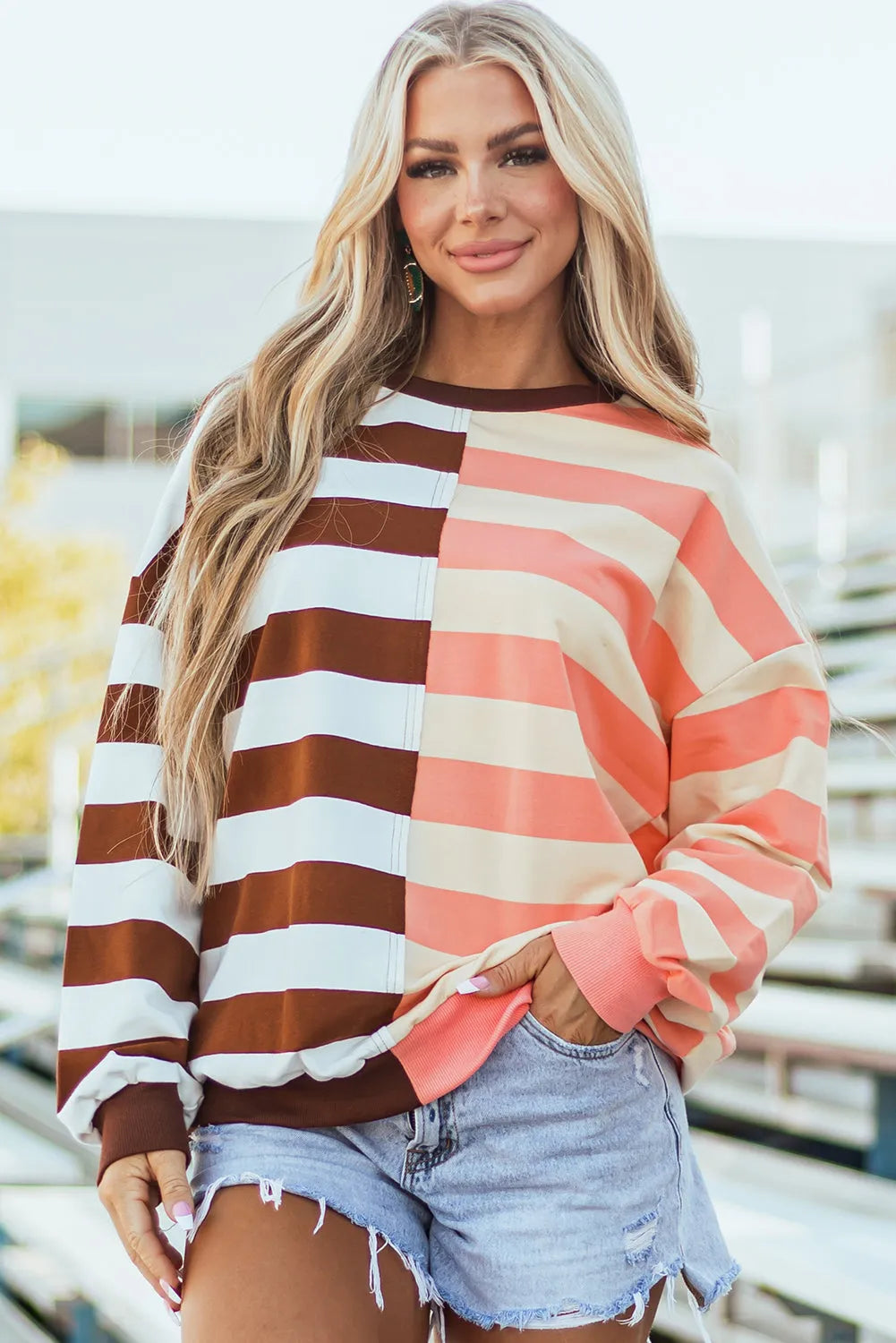 Brown Stripe Color Block Drop Shoulder Pullover Sweatshirt - Chic Meadow Boutique 