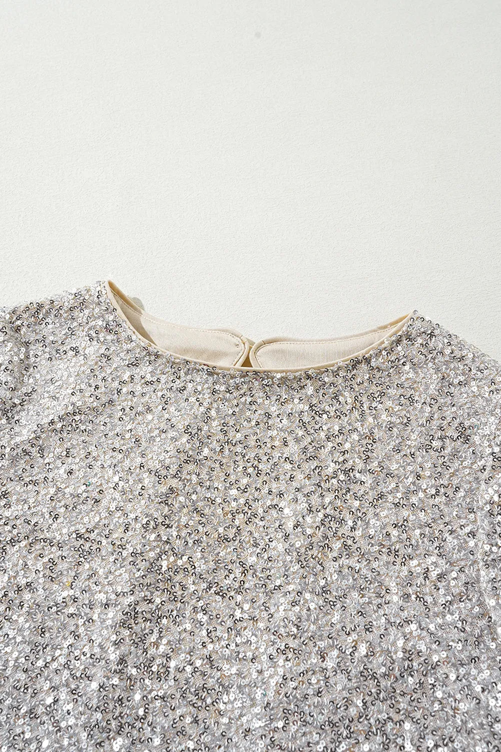 Silvery Sequin Puff Sleeve Cutout Back Blouse - Chic Meadow Boutique 