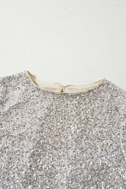 Silvery Sequin Puff Sleeve Cutout Back Blouse - Chic Meadow Boutique 