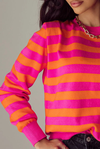 Rose Stripe Shoulder Pad Round Neck Sweater - Chic Meadow Boutique 