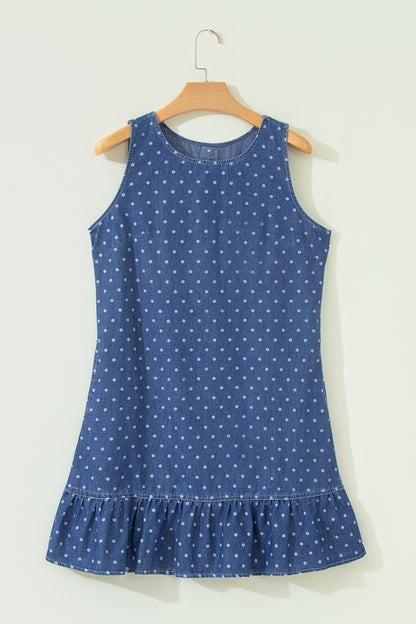 Blue Polka Dot Ruffle Hem Sleeveless Shift Dress Mini Vacation Wholesale