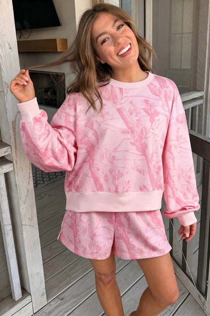 Pink Abstract Print Ribbed Crewneck Long Sleeve Top Elastic Waist Short Set
