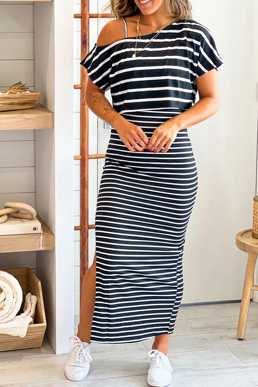 Black Stripe Asymmetric Shoulder Tee Slit Pencil Dress Set - Chic Meadow Boutique 