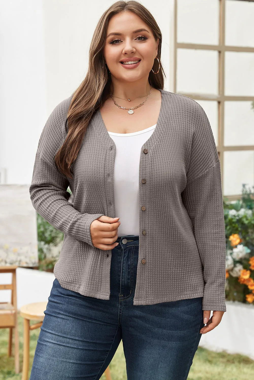 Simply Taupe Waffle Knit Drop Shoulder Button V Neck Plus Size Top - Chic Meadow Boutique 