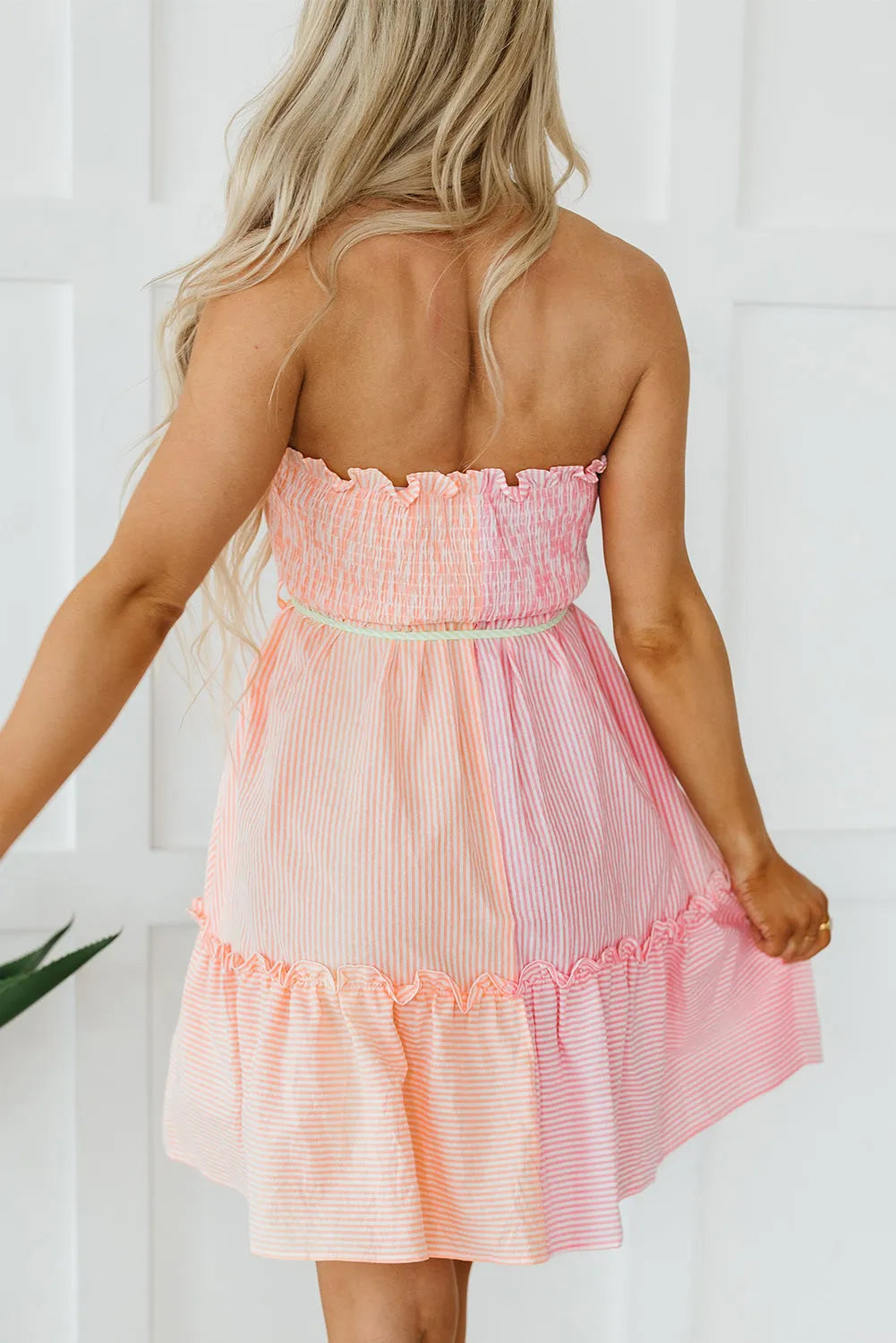 Pink Stripe Color Block Smocked Button Front Frilled Strapless Mini Dress - Chic Meadow Boutique 