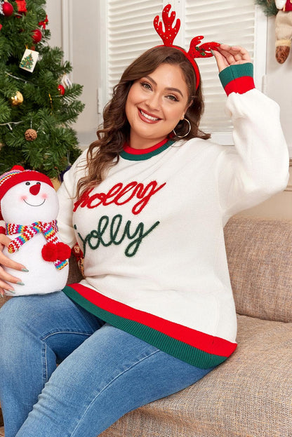 Plus Size/Plus Size Sweaters & Cardigans White Tinsel holly jolly Pattern Colorblock Edge Drop Shoulder Plus Size Sweater