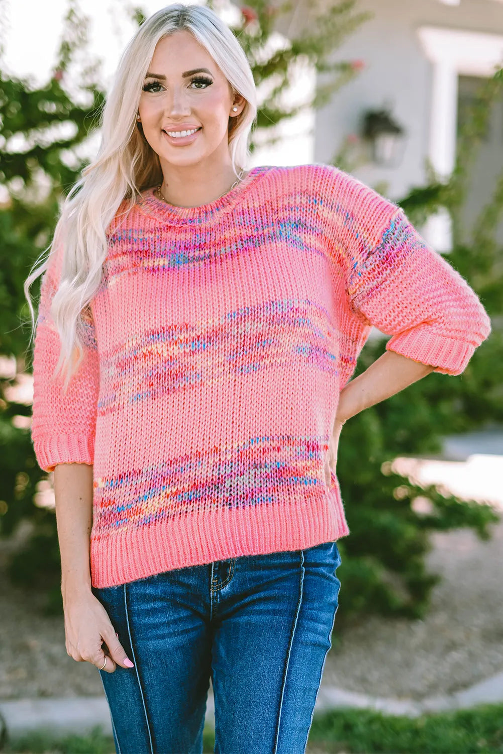 Rose Colorful Stripes 3/4 Sleeve Loose Sweater - Chic Meadow Boutique 