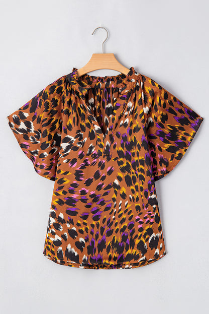 Orange Leopard Printed Draped Short Sleeve Slit V Neck Blouse