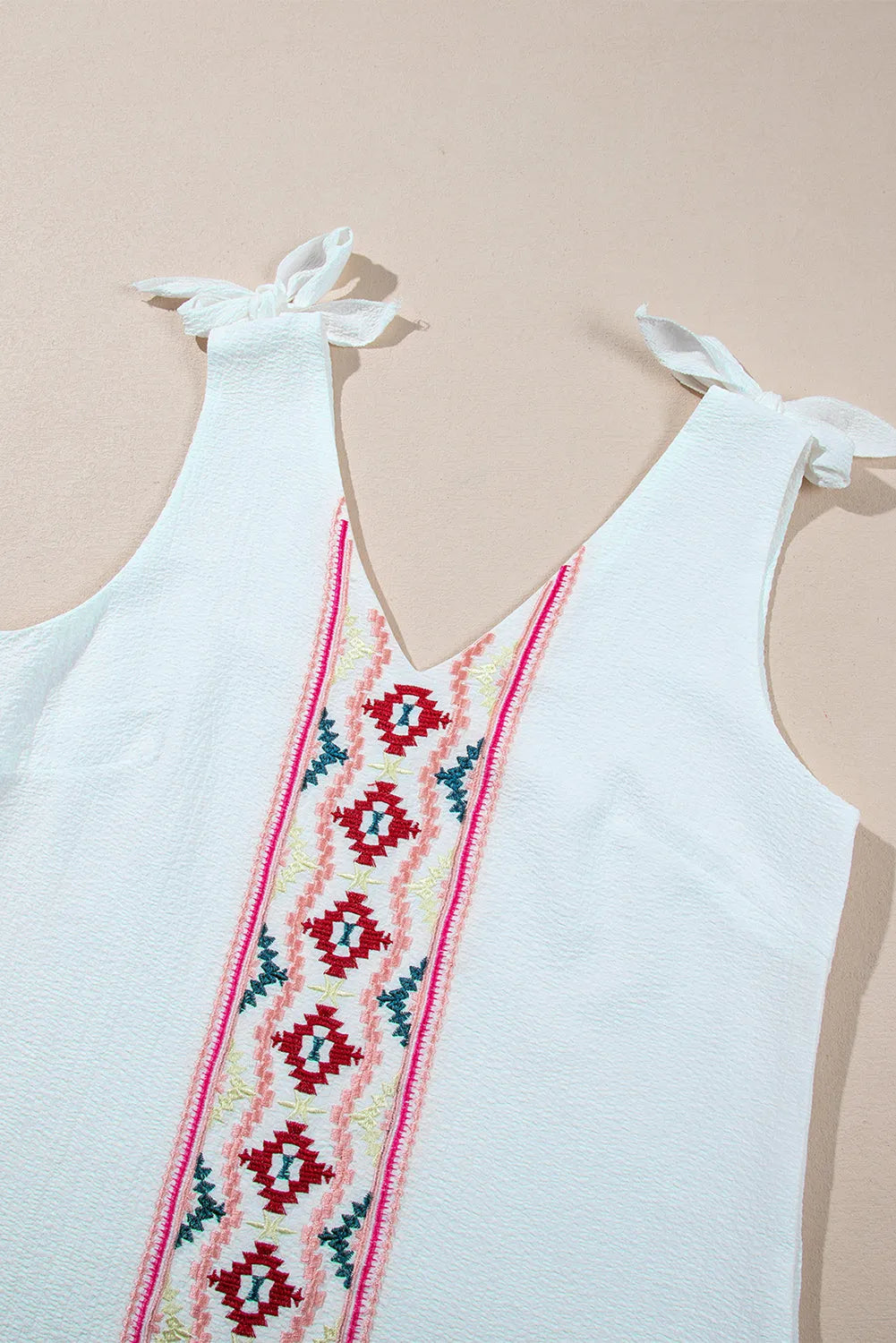 White Floral Embroidered Knot Straps Textured Tank Top - Chic Meadow Boutique 