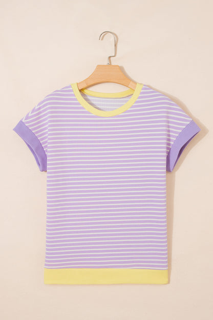 Purple Stripe Striped Colorblock Paneling Collar Cuff Hem Texture T-Shirt