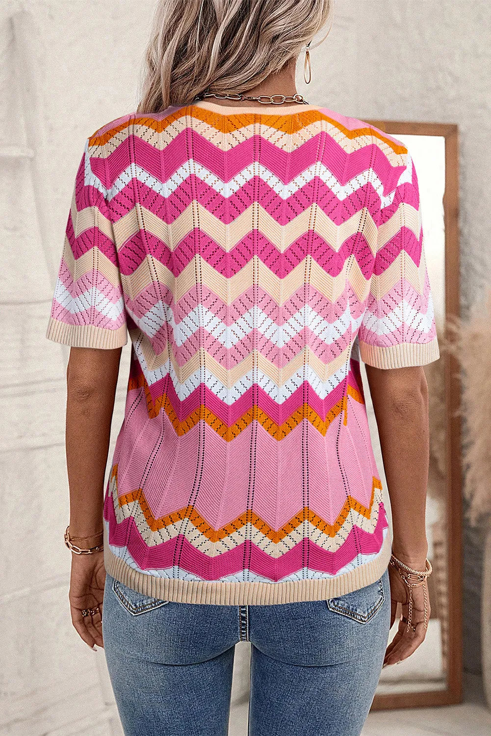 Pink Stripe Chevron Pointelle Knit V Neck Short Sleeve Sweater - Chic Meadow Boutique 