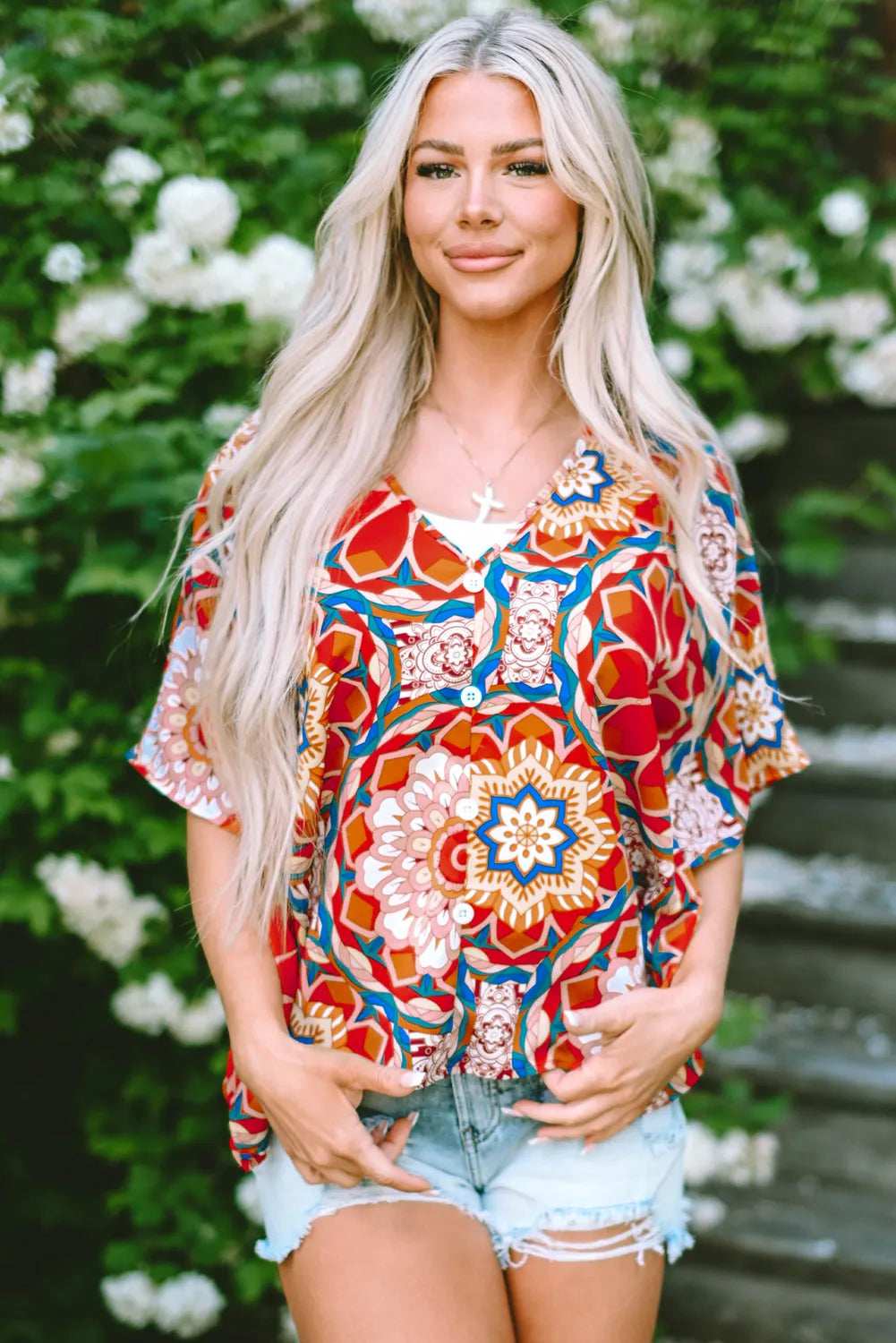 Red Floral Print Batwing Sleeve V Neck Blouse - Chic Meadow Boutique 