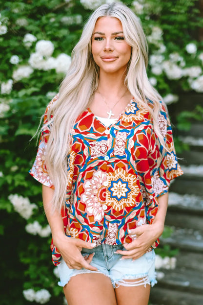 Red Floral Print Batwing Sleeve V Neck Blouse - Chic Meadow Boutique 