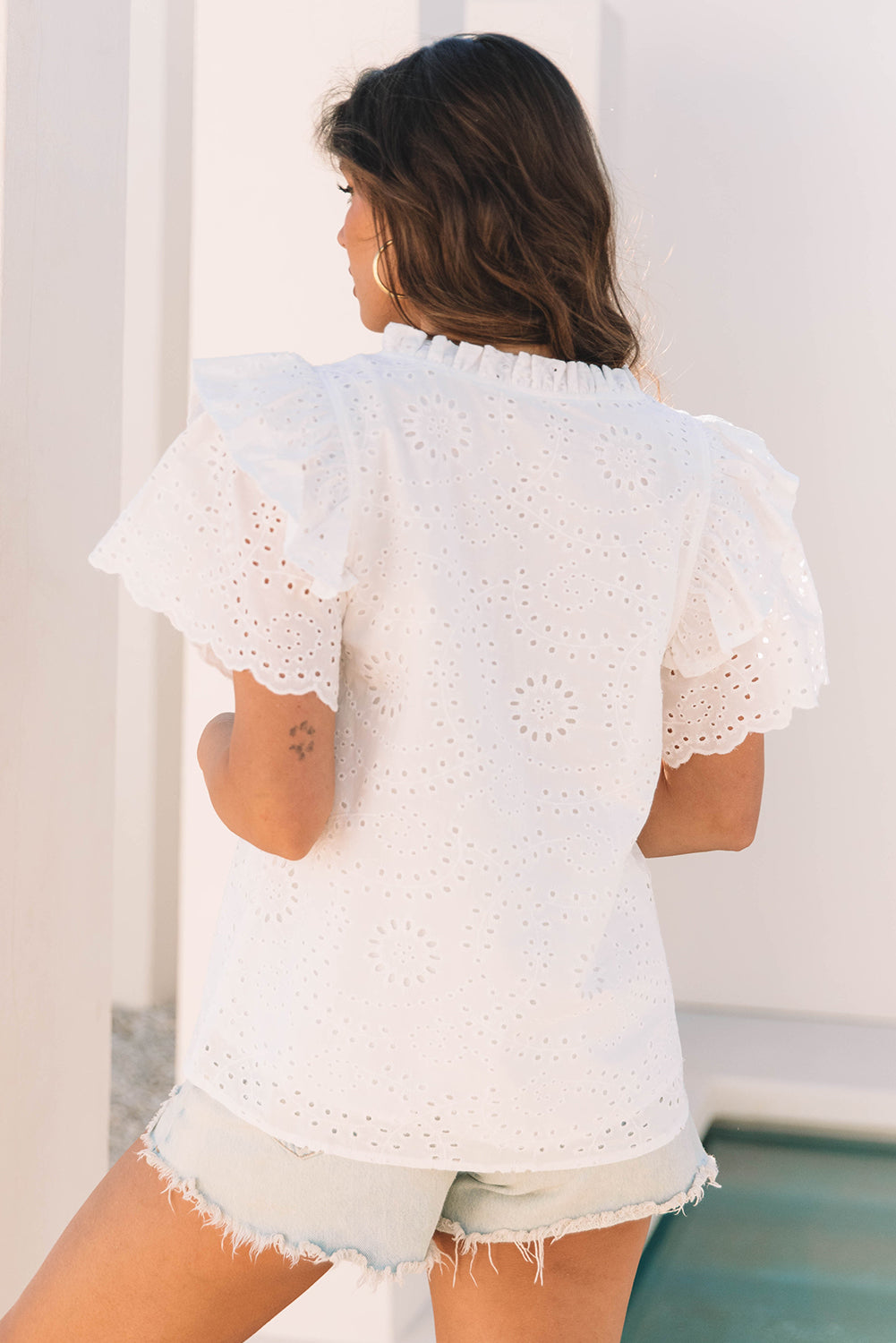 White Broderie Anglaise Ruffle Short Sleeve Blouse