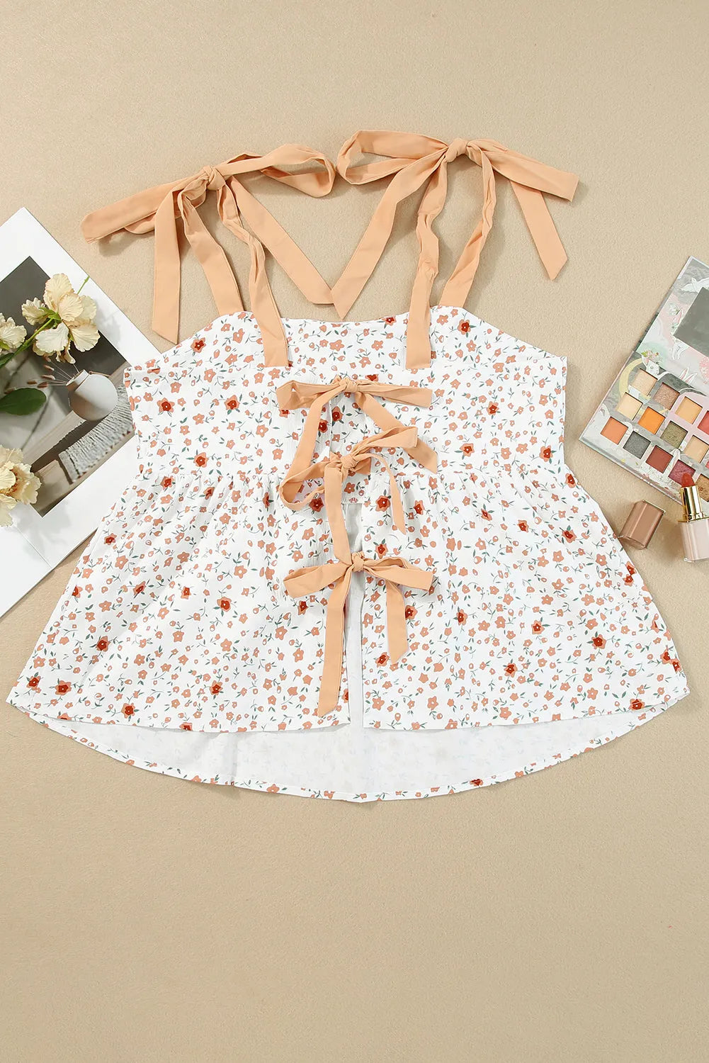 White Tied Shoulder Floral Print Babydoll Tank - Chic Meadow Boutique 