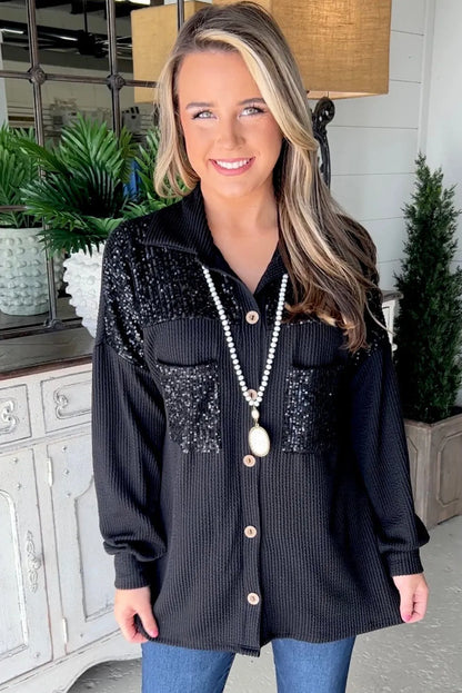 Black Sequin Patch Chest Pocket Corded Shacket - Chic Meadow Boutique 