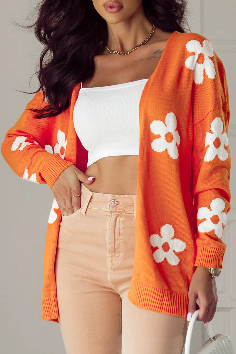 Orange Floral Print Knitted Open Front Loose Cardigan - Chic Meadow Boutique 