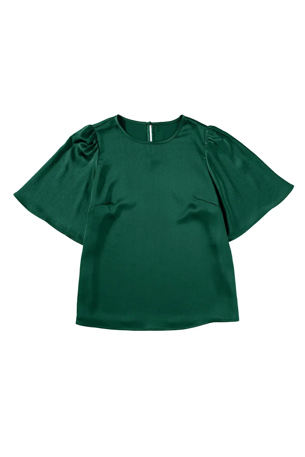 Blackish Green Solid Color Satin Keyhole Back Wide Sleeve Blouse - Chic Meadow Boutique 