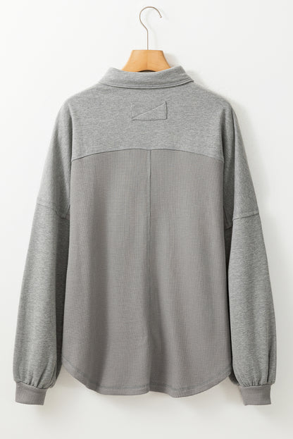 Medium Grey Waffle Knit Patchwork Exposed Seam Loose Shacket