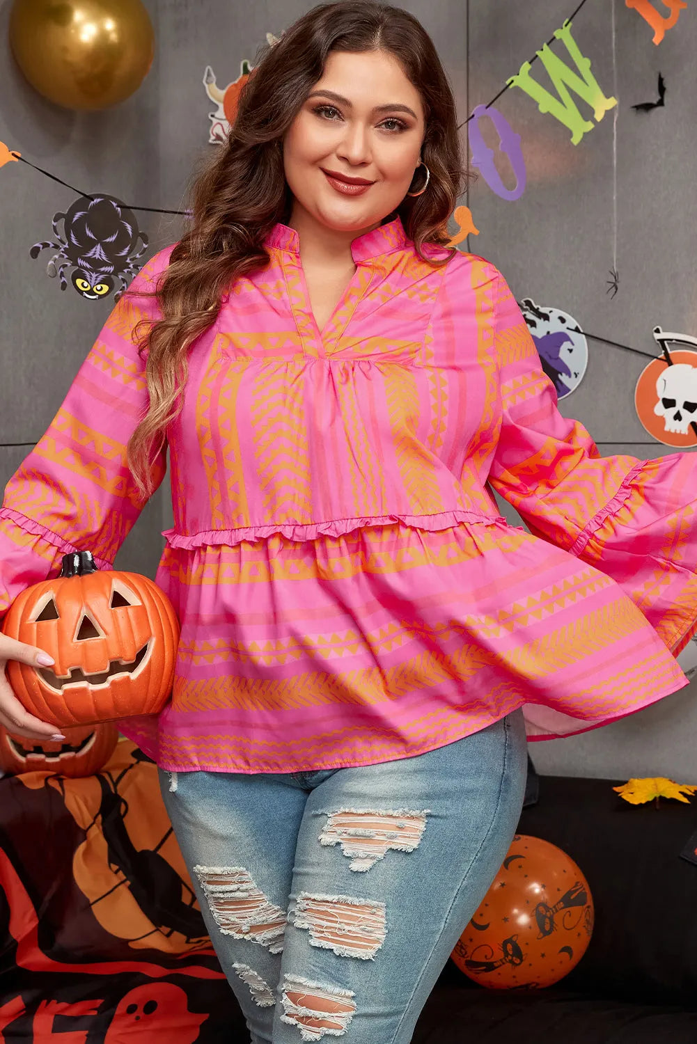 Vitality Orange Plus Size Geometric Embroidered Bell Sleeve Babydoll Blouse - Chic Meadow Boutique 