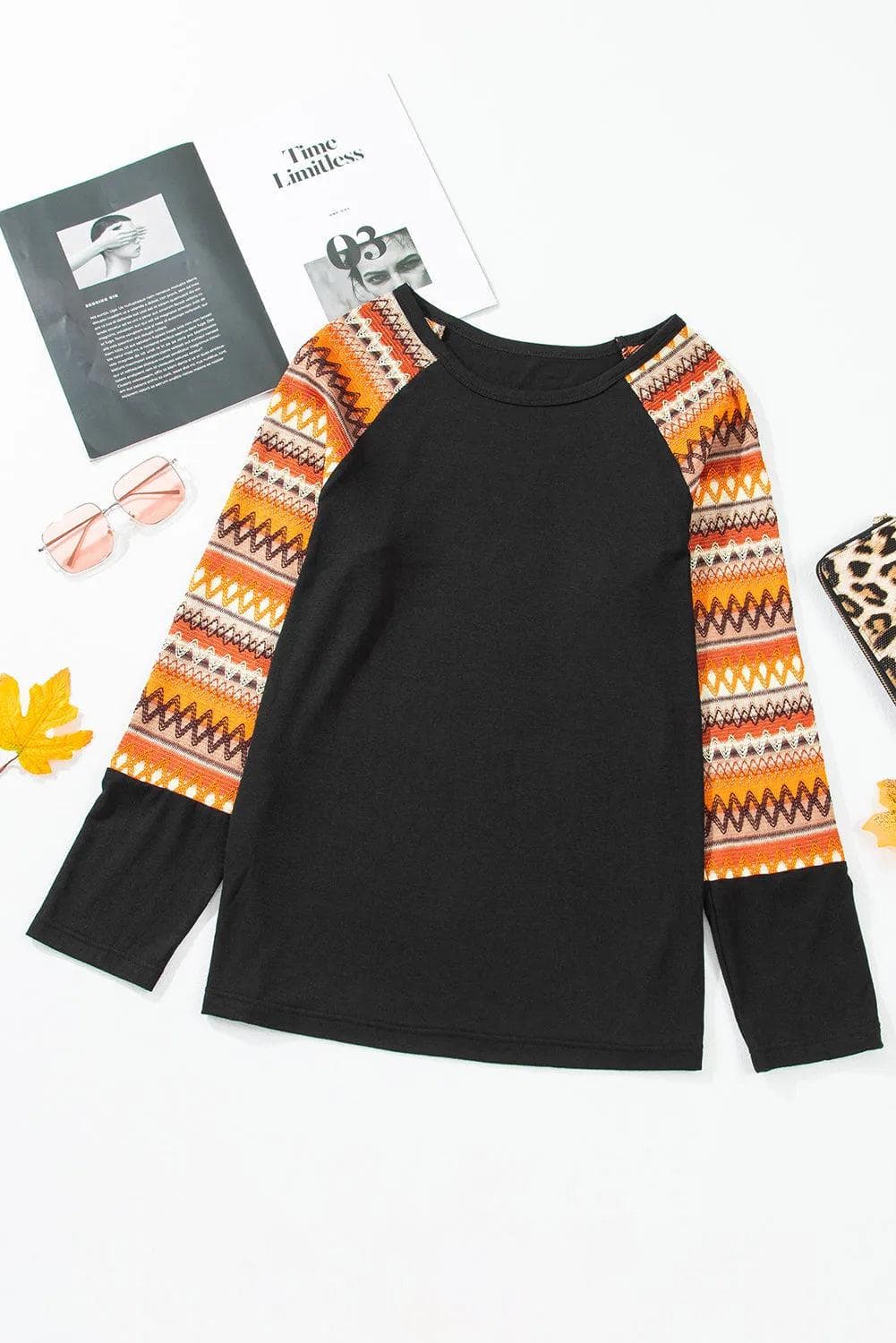 Tops/Long Sleeve Tops Orange Geo Print Raglan Patchwork Long Sleeve Tee