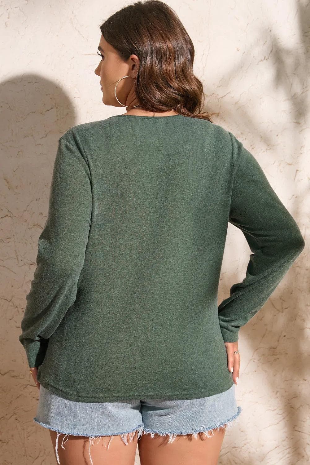 Plus Size/Plus Size Tops/Plus Size Long Sleeve Tops Mist Green Plus Size Snap Button Henley Top