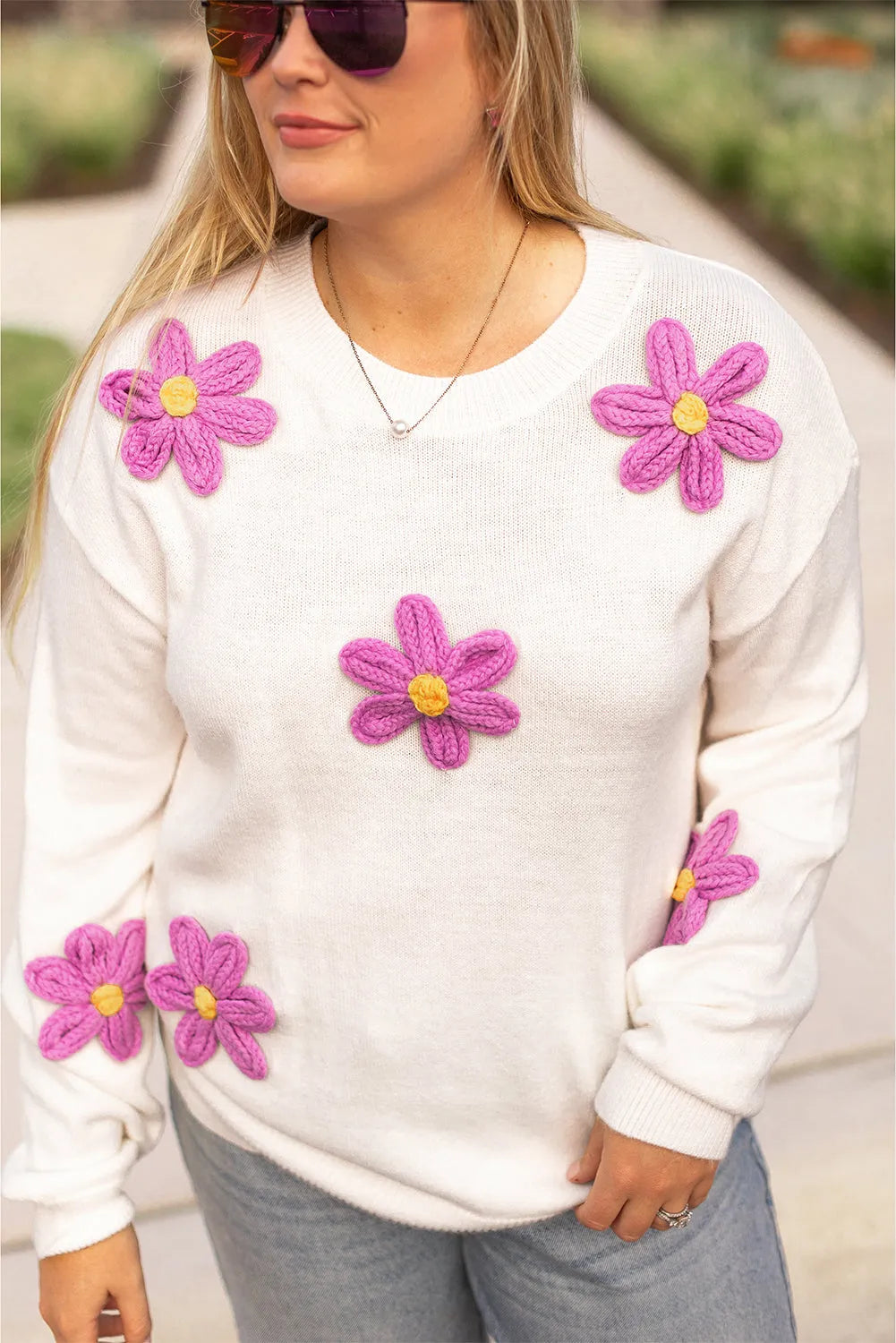 White Plus Size Flower Crochet Drop Shoulder Knit Sweater - Chic Meadow Boutique 