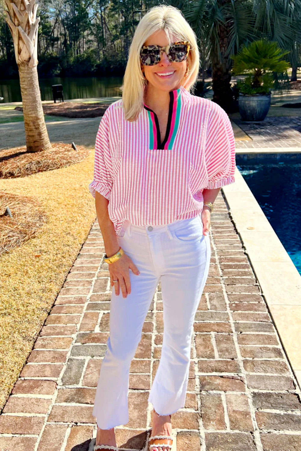 Sachet Pink Striped Print Contrast Split Neck Dolman Sleeve Blouse