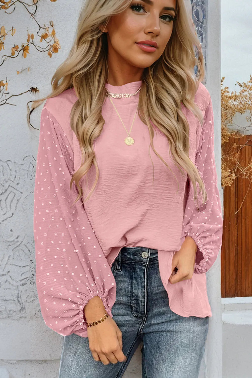 Gossamer Pink Swiss Dot Balloon Sleeve Loose Blouse - Chic Meadow Boutique 