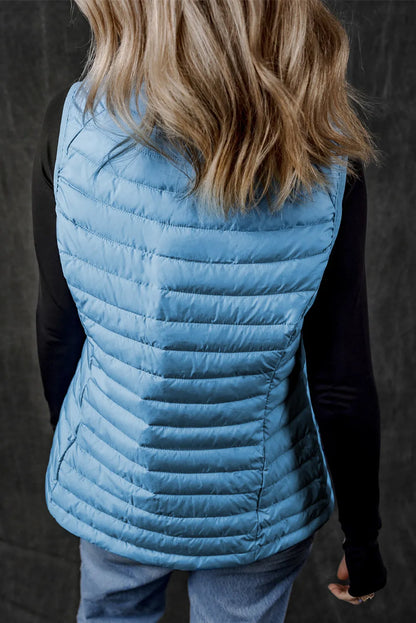 Sky Blue Plush Collared Quilted Zipped Puffer Vest - Chic Meadow Boutique 