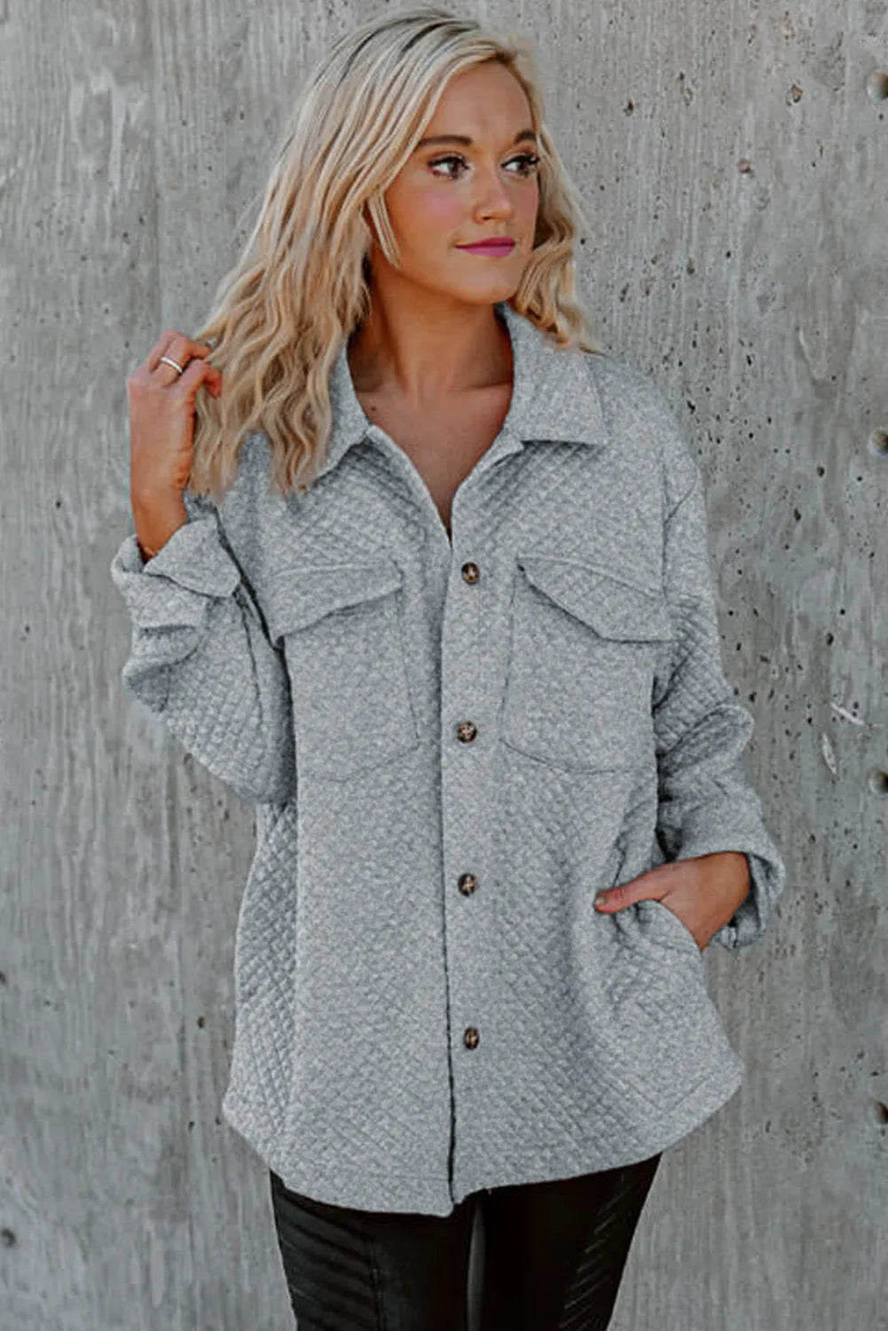 Gray Retro Quilted Flap Pocket Button Shacket - Chic Meadow Boutique 