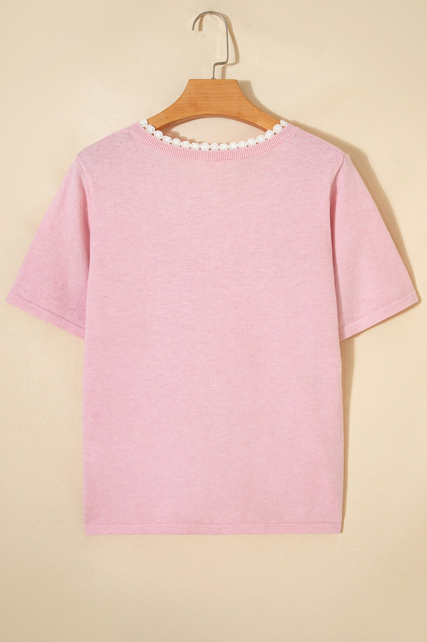 Strawberry Pink Lacy V Neckline Short Sleeve Sweater