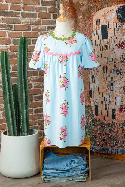 Sky Blue Floral Printed Contrast Ricrac Detail Bubble Sleeve Dress