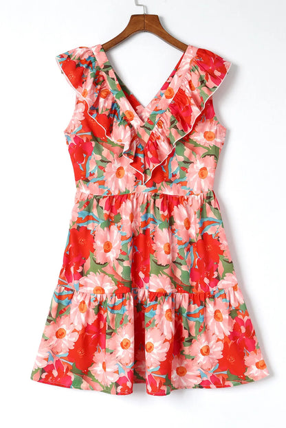 Fiery Red Floral Sleeveless V Neck Frill Mini Dress - Chic Meadow Boutique 