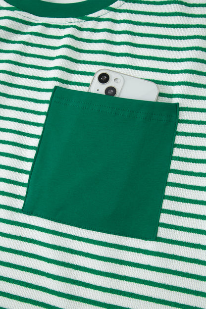 Green Stripe Crew Neck Tee Drawstring Waist Cropped Pants Set