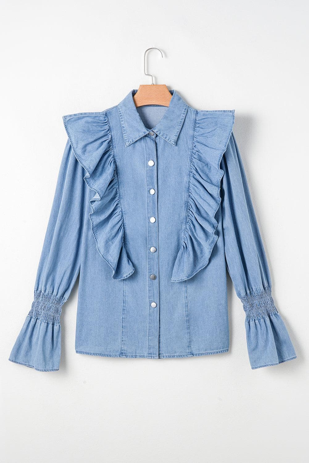 Tops/Blouses & Shirts Myosotis Ruffled Shirred Cuffs Button up Chambray Shirt