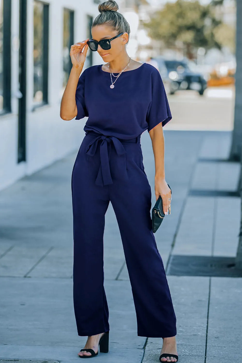 Bottoms/Jumpsuits & Rompers Blue Belted Wide Leg Jumpsuit