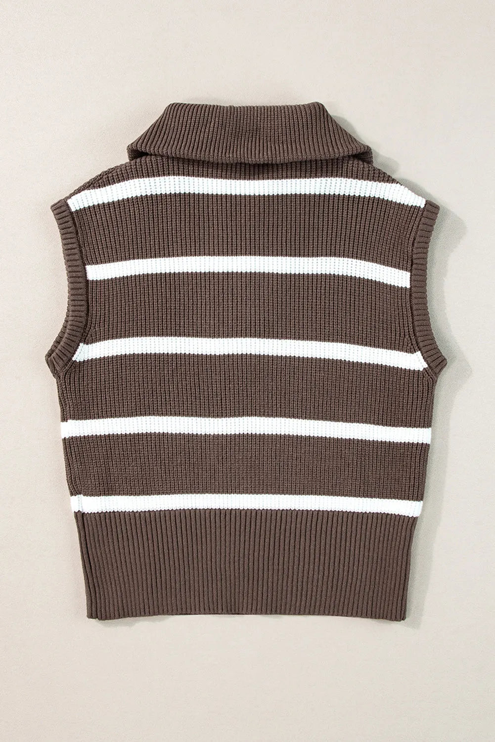 Brown Stripe Zipped Collar Cap Sleeve Knit Top - Chic Meadow Boutique 